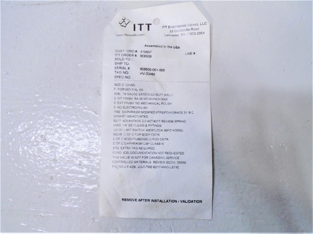 ITT 2" Butt-Weld 316 Sanitary Diaphragm Valve, B217 Actuator, Westlock Switch